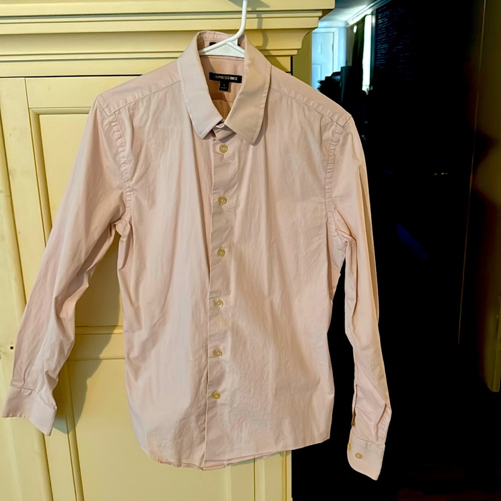 I have an express 1MX pink size, small long sleeve button up shirt. No rips.